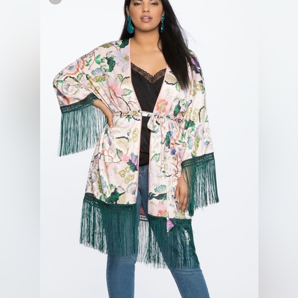 Eloquii Kimono Robe Jacket with Fringe - Plus Size
